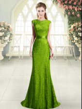 Custom Fit Beading and Lace Evening Dress Green Backless Sleeveless Sweep Train
