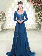 Unique Blue Dress for Prom Prom and Party with Beading and Lace Sweetheart Long Sleeves Sweep Train Backless