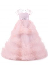  Tulle V-neck Short Sleeves Backless Beading and Ruffles Little Girl Pageant Dress in Baby Pink