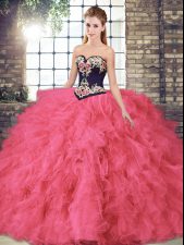 Trendy Hot Pink Quinceanera Dress Sweet 16 and Quinceanera with Beading and Embroidery Sweetheart Sleeveless Lace Up