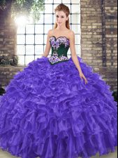 Custom Design Purple Sleeveless Organza Sweep Train Lace Up Sweet 16 Quinceanera Dress for Military Ball and Sweet 16 and Quinceanera