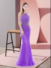 Discount Purple Sleeveless Sweep Train Beading Prom Dress