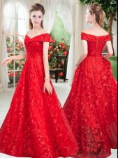  Red A-line Off The Shoulder Sleeveless Lace Floor Length Lace Up Beading 