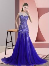 Graceful Sleeveless Beading and Appliques Backless Dress for Prom with Blue Sweep Train