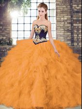 Unique Sleeveless Organza Floor Length Lace Up Ball Gown Prom Dress in Orange with Beading and Embroidery