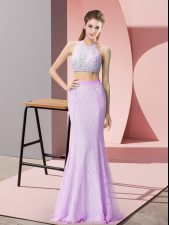Decent Halter Top Sleeveless Floor Length Beading and Lace Lilac Lace