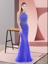 Lovely Blue Mermaid Beading Prom Dress Backless Tulle Sleeveless