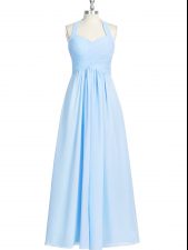 Lovely Blue Empire Ruching Homecoming Dress Zipper Chiffon Sleeveless Floor Length