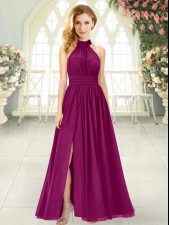 Beautiful Sleeveless Chiffon Ankle Length Zipper Evening Dress in Burgundy with Ruching
