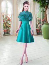 Elegant Satin High-neck Cap Sleeves Lace Up Ruffled Layers Dress for Prom in Teal 