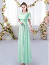 Suitable Floor Length Empire Short Sleeves Apple Green Dama Dress for Quinceanera Zipper