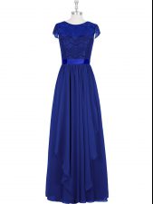 Stylish Royal Blue Chiffon Zipper Dress for Prom Cap Sleeves Floor Length Lace
