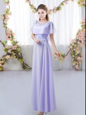  Lavender Empire Appliques Quinceanera Court of Honor Dress Zipper Chiffon Short Sleeves Floor Length