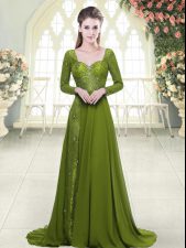 Exquisite Olive Green A-line Sweetheart Long Sleeves Chiffon Sweep Train Backless Beading Prom Evening Gown
