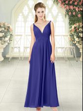  Blue Chiffon Zipper V-neck Sleeveless Ankle Length Prom Party Dress Ruching