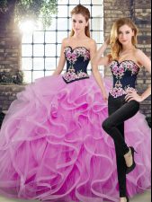 Shining Sleeveless Floor Length Embroidery and Ruffles Lace Up Sweet 16 Dresses with Lilac Sweep Train