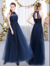 Beauteous Navy Blue Empire High-neck Sleeveless Tulle Floor Length Lace Up Appliques Dama Dress for Quinceanera