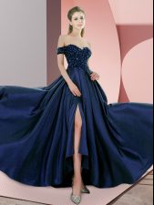 Modern Navy Blue Empire Beading Prom Evening Gown Backless Elastic Woven Satin Sleeveless