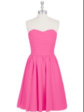 Colorful Sleeveless Chiffon Mini Length Zipper Homecoming Dress in Hot Pink with Ruching and Pleated