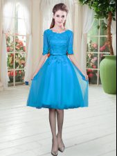  Half Sleeves Tulle Knee Length Lace Up Prom Dresses in Blue with Lace