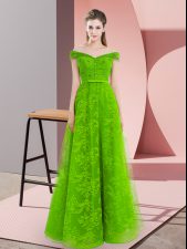 Shining Off The Shoulder Sleeveless Lace Up Evening Dress Green Tulle