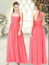  Sleeveless Floor Length Ruching Zipper Homecoming Dress with Watermelon Red