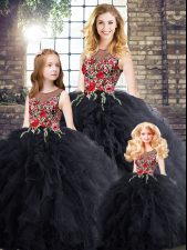 Dynamic Black Sleeveless Floor Length Embroidery and Ruffles Zipper Quinceanera Gowns