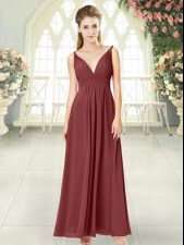 Fashion Floor Length Wine Red Prom Evening Gown Chiffon Sleeveless Ruching