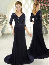 Beautiful Chiffon V-neck Half Sleeves Sweep Train Zipper Beading and Lace and Appliques Homecoming Dress in Navy Blue