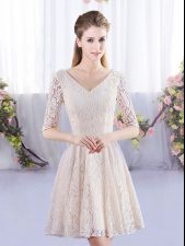 Luxurious Champagne Lace Up V-neck Lace Damas Dress Half Sleeves