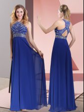  Satin High-neck Sleeveless Sweep Train Criss Cross Beading and Lace Prom Dress in Blue
