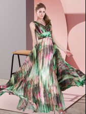 Stylish V-neck Sleeveless Prom Evening Gown Floor Length Pattern Multi-color Printed