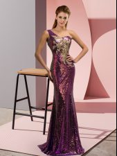  Purple One Shoulder Lace Up Beading and Appliques Brush Train Sleeveless