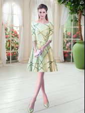 Half Sleeves Knee Length Lace Up Dress for Prom in Yellow Green with Ruching