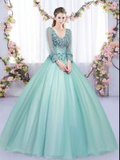 Charming Lace and Appliques Sweet 16 Quinceanera Dress Apple Green Lace Up Long Sleeves Floor Length