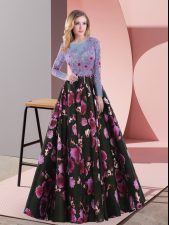  Long Sleeves Printed Floor Length Lace Up Prom Party Dress in Multi-color with Embroidery