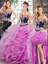 Free and Easy Lilac Sweetheart Lace Up Embroidery and Ruffles Ball Gown Prom Dress Sweep Train Sleeveless
