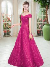Latest Fuchsia Lace Lace Up Off The Shoulder Sleeveless Floor Length Evening Dress Beading