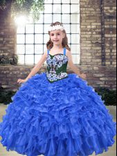 Custom Made Blue Ball Gowns Organza Straps Sleeveless Embroidery and Ruffles Floor Length Lace Up Little Girls Pageant Dress