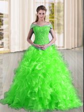 Beauteous Off The Shoulder Sleeveless Sweep Train Lace Up 15 Quinceanera Dress Organza