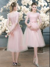  Half Sleeves Tulle Tea Length Zipper Prom Evening Gown in Pink with Lace