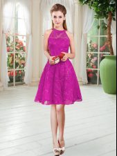 Spectacular Knee Length A-line Sleeveless Fuchsia Prom Gown Zipper