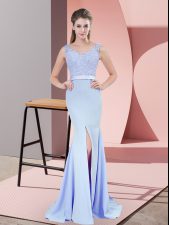  Baby Blue Sleeveless Beading and Lace Zipper Dress for Prom