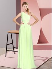 Spectacular Yellow Green Empire One Shoulder Sleeveless Chiffon Floor Length Lace Up Ruching Prom Evening Gown