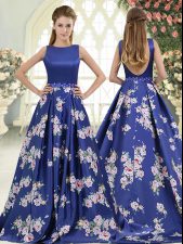  Royal Blue A-line Scoop Sleeveless Printed Brush Train Backless Beading and Pattern Prom Dress