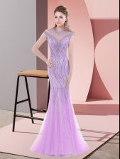 Artistic Beading and Lace Evening Dress Lilac Zipper Cap Sleeves Sweep Train