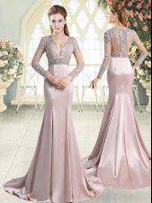  Long Sleeves Sweep Train Beading and Lace Zipper Prom Evening Gown