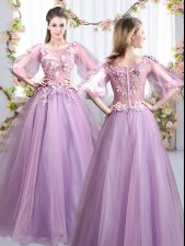Glamorous Tulle Scoop Half Sleeves Zipper Appliques Damas Dress in Lavender
