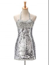  Silver Sleeveless Mini Length Ruching Zipper Prom Gown