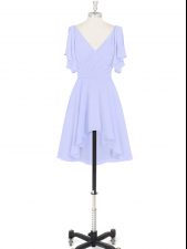 Dazzling Mini Length Baby Blue Evening Dress V-neck Short Sleeves Backless